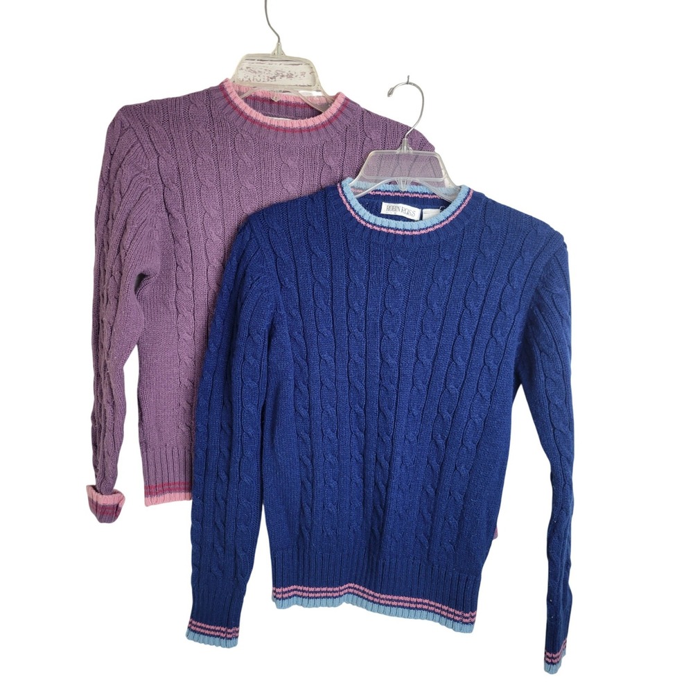 VTG Robin Ross Sweater‎ (2) Cable Knit Preppy Academia Purple Blue Womens Fits S